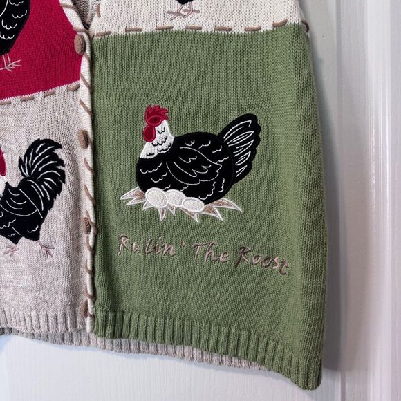 Mandal Bay Vintage Embroidered Chicken Print Linen Blend Sweater Vest Size M - Picture 2 of 8